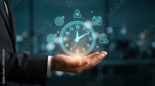 Businessman holding a digital clock interface with target, schedule and project management icons for time efficiency and business productivity planning