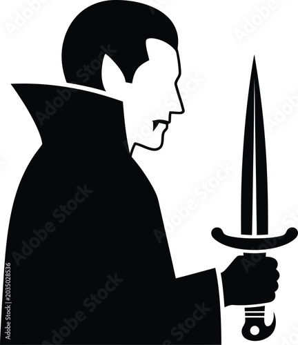 Принти на полотні Scary vampire count dracula profile holding a sharp steel sword vector illustrat