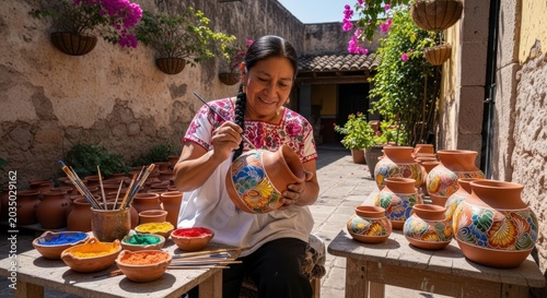 Mexican artisan painting traditional pottery in outdoor workshop.