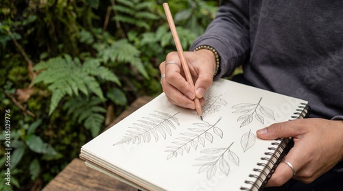 Close up sketchbook drawing of botanical leaf studies by a young artist for nature illustration and botanical design
