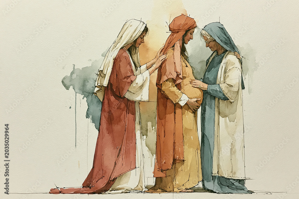 Obraz premium Visitation of Mary to Elizabeth Biblical Watercolor Illustration