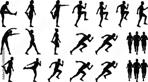 Silhouettes of men and women stretching and running in various athletic poses fitness exercise