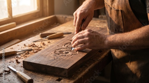 Woodworker Carving Intricate Design on Wooden Board in Workshop.