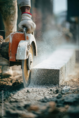Worker uses a power saw to cut a block in a construction location. Dust and debris fill the air as the tool operates on the material