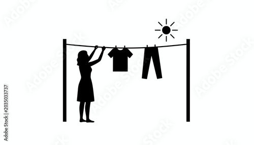 Quadro su tela Woman hanging clothes on line, laundry drying in sun, household chore