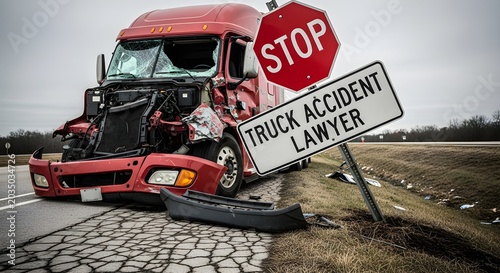 Wrecked red semi truck crashed into roadside stop sign reading truck accident lawyer, conveying collision, liability and legal assistance after commercial vehicle crash.