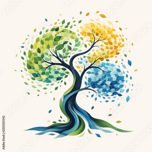 Abstract Watercolor Tree Illustration with Colorful Foliage and Branches