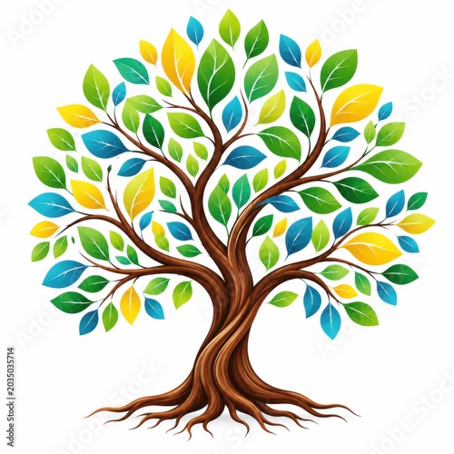 Vibrant Colorful Tree Illustration with Green, Blue, and Yellow Leaves