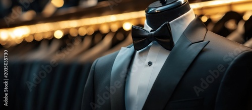 Elegant Black Tuxedo with Bow Tie on Mannequin in Luxury Clothing Store