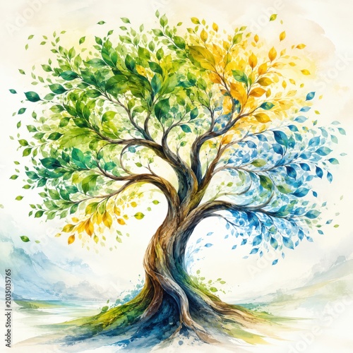 Vibrant Watercolor Tree with Multi-Colored Leaves in a Natural Landscape