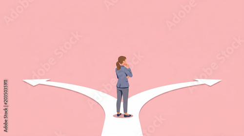 ふたつの道の真ん中でどちらに進むか考えている女性　生成AI素材
