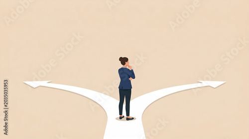 ふたつの道の真ん中でどちらに進むか考えている女性　生成AI素材
