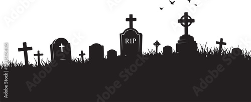 Graveyard, silhouette, cemetery, tombstones, Halloween, spooky, vector icons