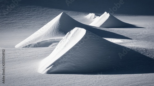 Geometric wind-swept snow dunes displaying intricate natural patterns under soft light