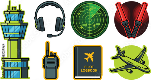Tableau sur toile Aviation and Air Traffic Control Vector Icon Set Featuring Tower Headset Radar M