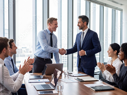 Fotografija Diverse business team clapping as two male executives finalize a deal with a handshake in a bright office