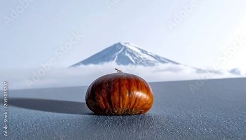 Glossy Brown Chestnut Resting on Blue Surface with Snowcapped Mountain Background