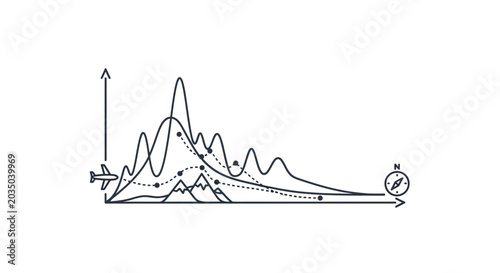 Quadro su tela Flight path and altitude graph with navigation compass illustration