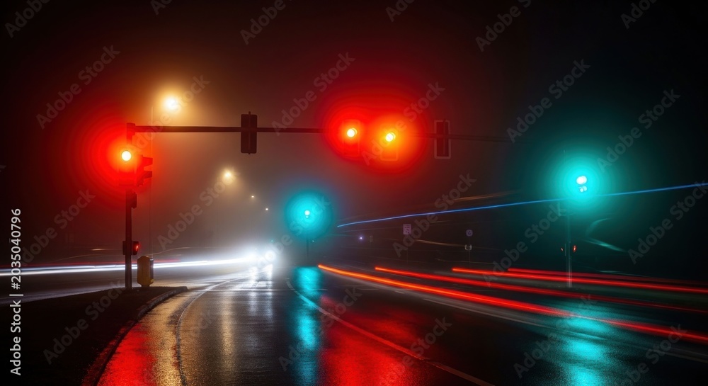 Fototapeta premium Nighttime City Intersection with Traffic Lights and Light Trails.