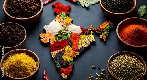 Map of india made from various colorful indian spices and grains