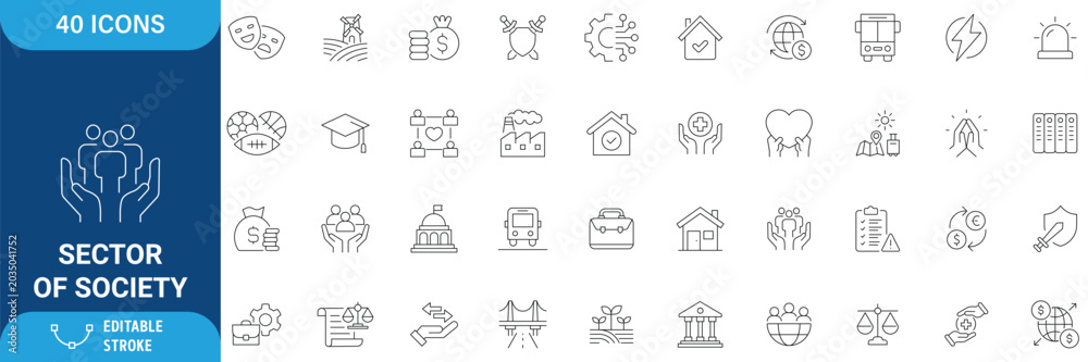 Obraz premium Sector of society icon set. Containing agriculture, education, healthcare, energy, technology, transportation, arts, justice and more. Icon Collection. Vector illustration. Editable stroke