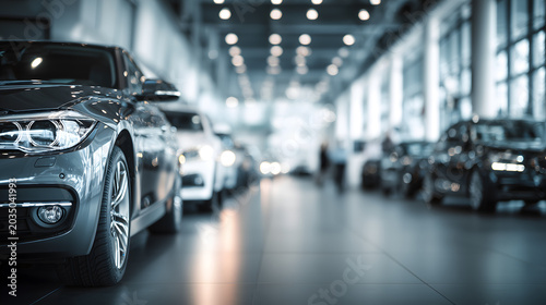 View of the interior of a sleek, modern car dealership showroom with rows of new vehicles, high-tech lighting, and out-of-focus background. Sharp focus on a silver car at the edge. Commercial use.