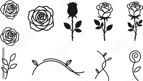Foto Elegant rose flower vector silhouette icon set with blooming blossoms stems buds