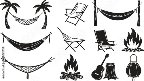 Fotografija Summer camping and beach relaxation silhouette icon set featuring hammocks deck