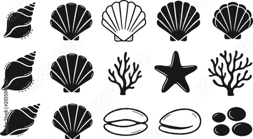 Fotografie Sea shell and marine life silhouette icon set featuring scallop shells starfish