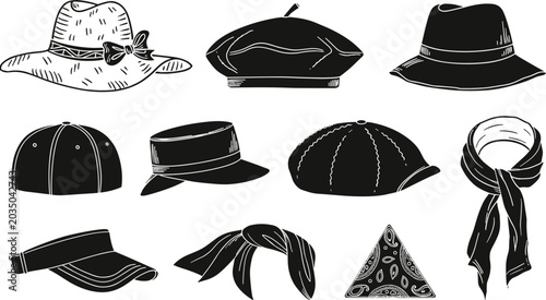 Photos Fashion headwear and neck accessory icon set featuring straw hat beret fedora ba