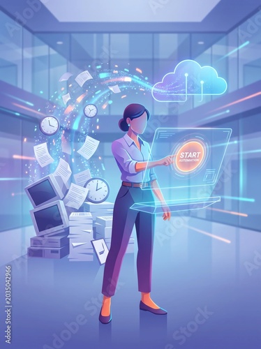Businesswoman activating digital office automation and cloud computing services