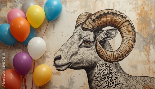 Ram with Colorful Balloons and Arabic Calligraphy