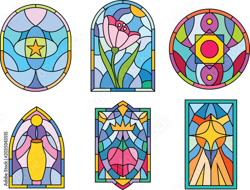 Stained glass window collection, colorful geometric patterns and floral motifs