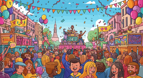Vibrant cartoon illustration of a joyful crowd celebrating at a colorful city street festival.