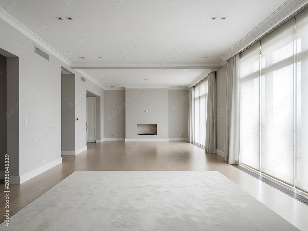 Obraz premium Spacious Minimalist Empty Living Room with Fireplace and Large Windows
