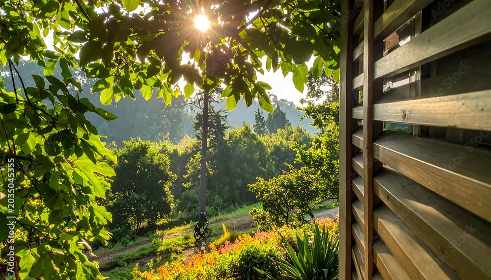 Fototapeta premium Sunlit Green Garden Landscape Viewed Through Tree Leaves Beside Wooden Wall