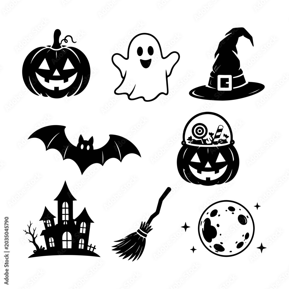 Obraz premium Halloween icons, black vector set, spooky symbols, 7 elements