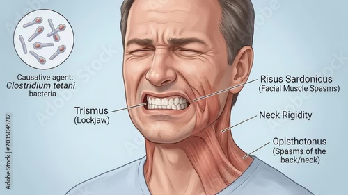 Bacterial toxin disorder: tetanus illness, lockjaw discomfort, trismus sign, opisthotonos posture, Clostridium agent, tetani microbe, muscle contraction, facial spasm.