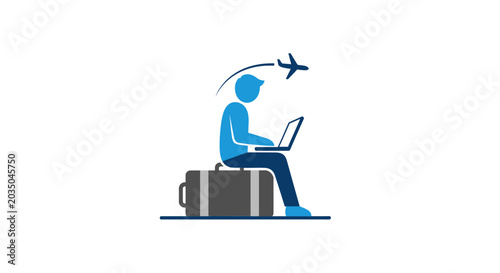 Man sitting on luggage with laptop.