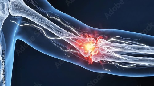 3D medical render of human elbow joint with red glowing nerve pain animation
