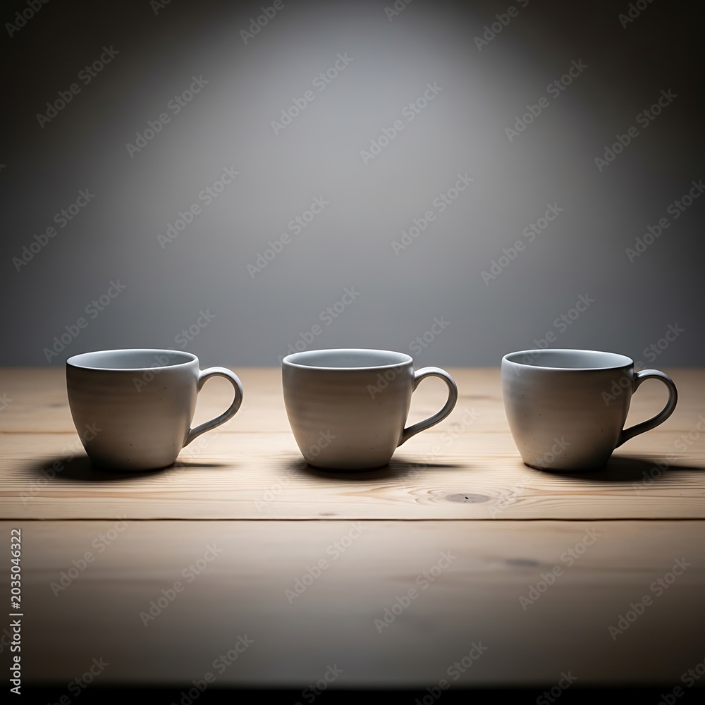 Fototapeta premium Three white ceramic mugs on a wooden table in spotlight