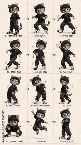 Cartoon illustration of a playful cat character performing various dance moves in a stylish black outfit with sneakers, showcasing dynamic poses on a light background
