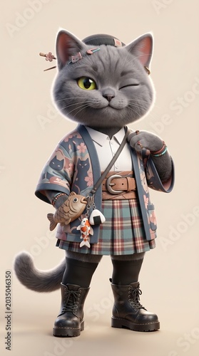 Cartoon cat character wearing traditional clothing with a fish accessory, standing confidently in a playful pose against a neutral background