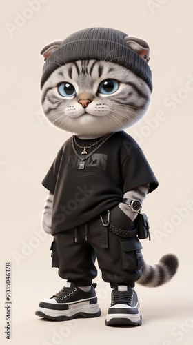 Cartoon cat character dressed in urban streetwear with black t-shirt, cargo pants, and sneakers, wearing a beanie and accessories, standing against a neutral background