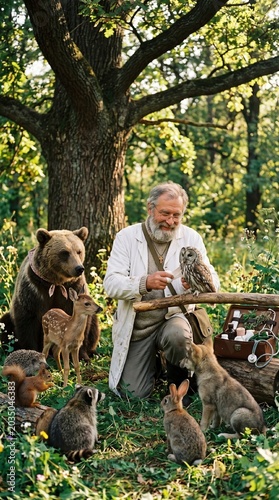 Elderly man in white coat interacts with various woodland animals including a bear, owl, deer, and rabbits in a lush green forest setting