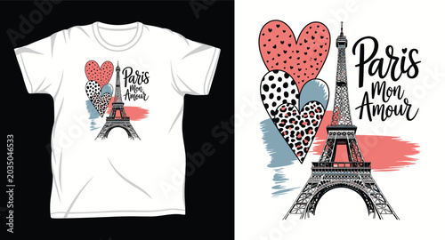 Foto Paris mon amour vector t-shirt design with Eiffel Tower and hearts for fashion and apparel print