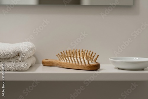 Wooden hairbrush sits on a white shelf surface between folded white textile towel cloth and ceramic soap dish in a bathroom. 