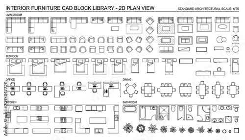 Interior furniture cad block library 2d plan view vector elements for architectural design and home planning transparent background.