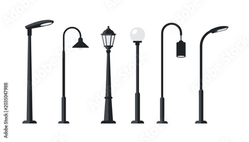 Collection of street lamp vector illustrations, modern and classic styles, transparent background.