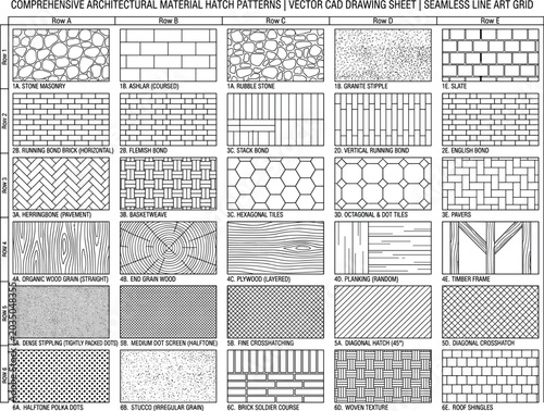 Comprehensive architectural material hatch patterns on vector cad drawing sheet featuring stone masonry ashlar slate brick and wood grain styles.